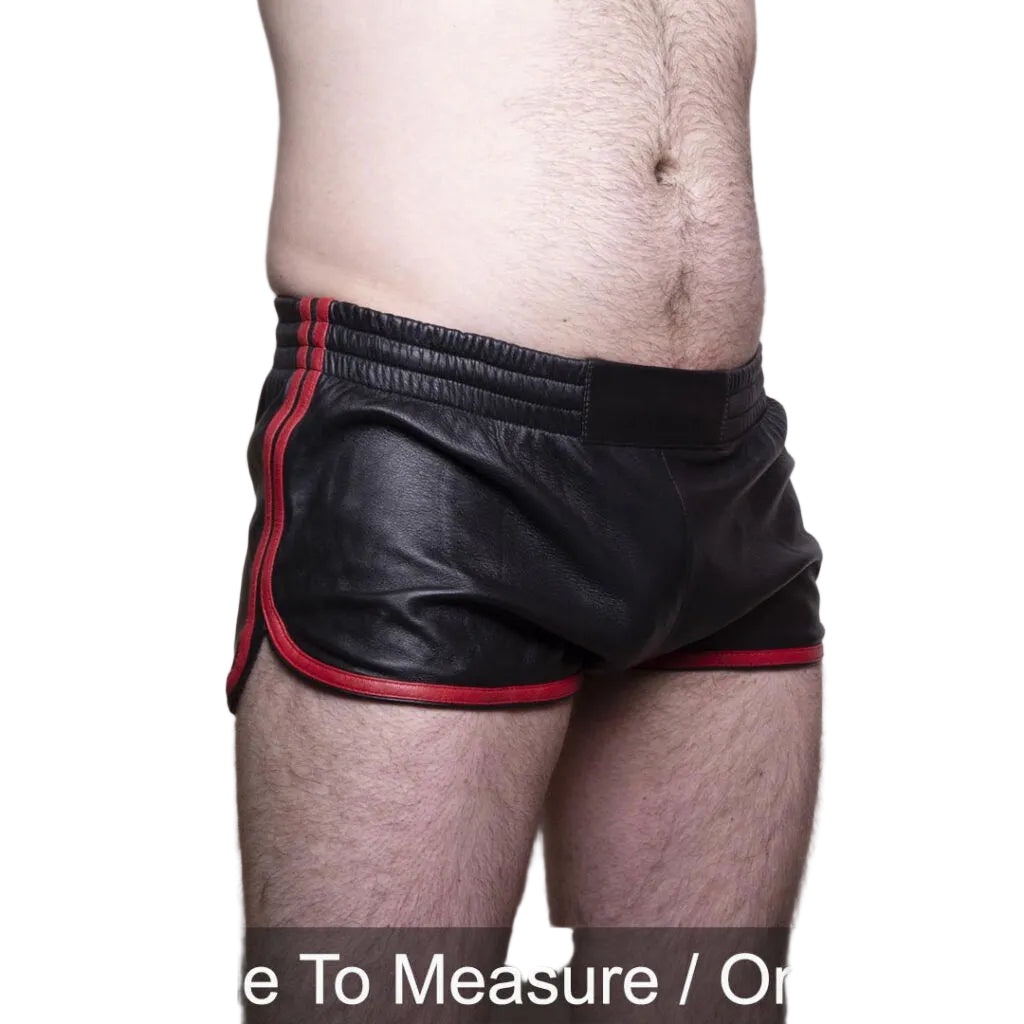 Men’s Black Lamb Leather Gym Shorts with Red Stripes