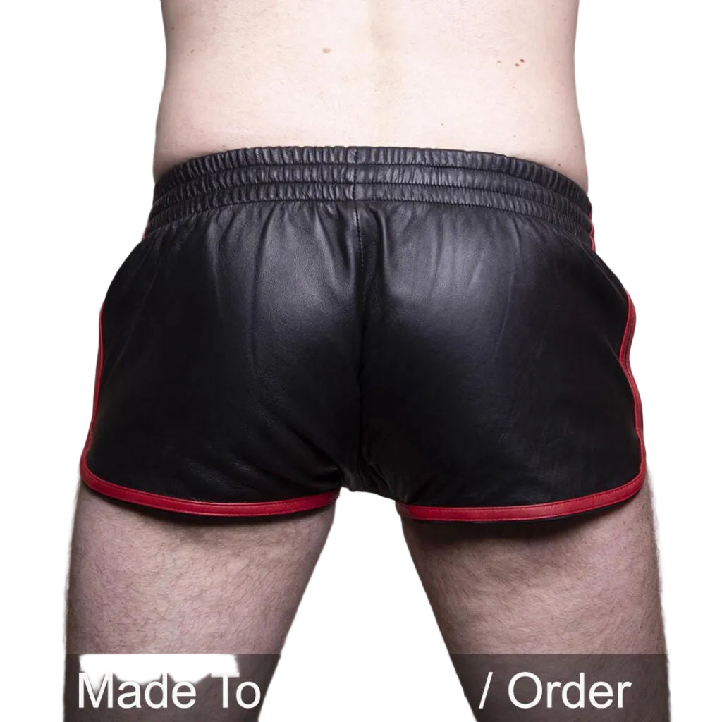 Men’s Black Lamb Leather Gym Shorts with Red Stripes