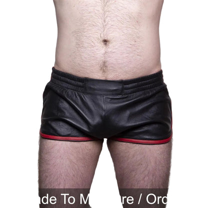 Men’s Black Lamb Leather Gym Shorts with Red Stripes