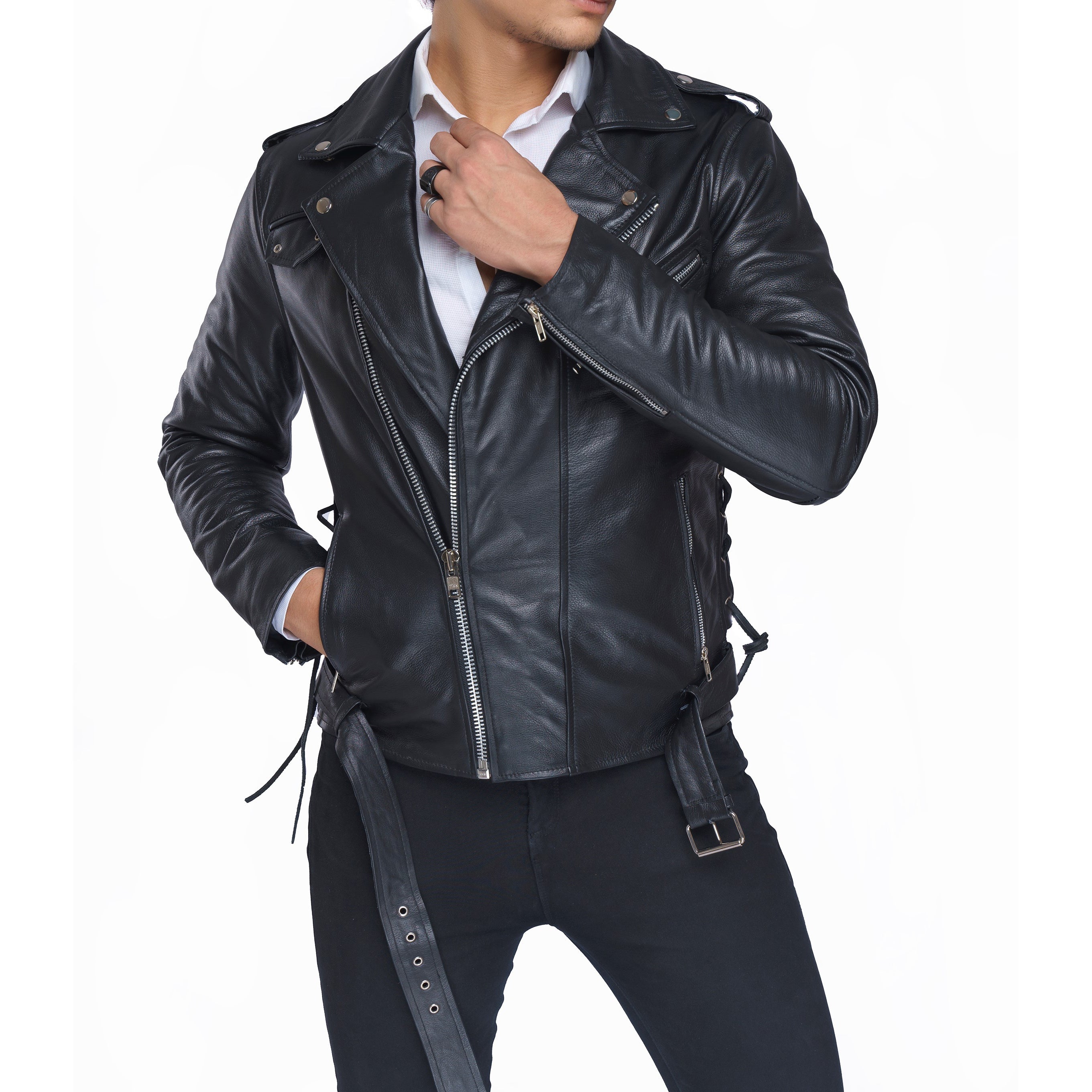 Men's Classic Brando Biker Jacket in Real Natural Grain Leather