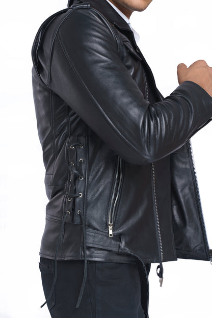 Men's Classic Brando Biker Jacket in Real Natural Grain Leather