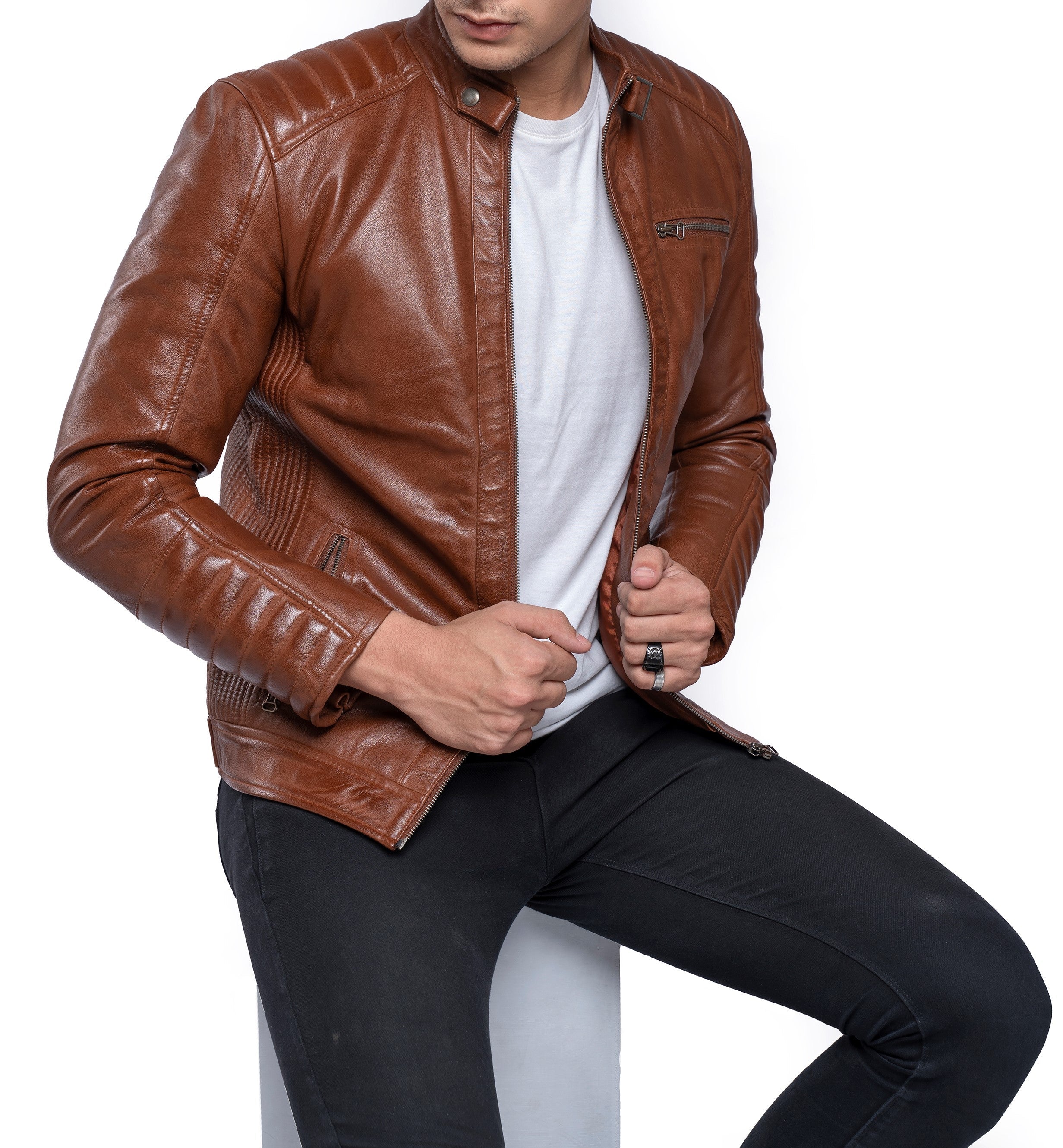 Men's Vintage Lambskin Cafe Racer Leather Jacket with Quilted Panels