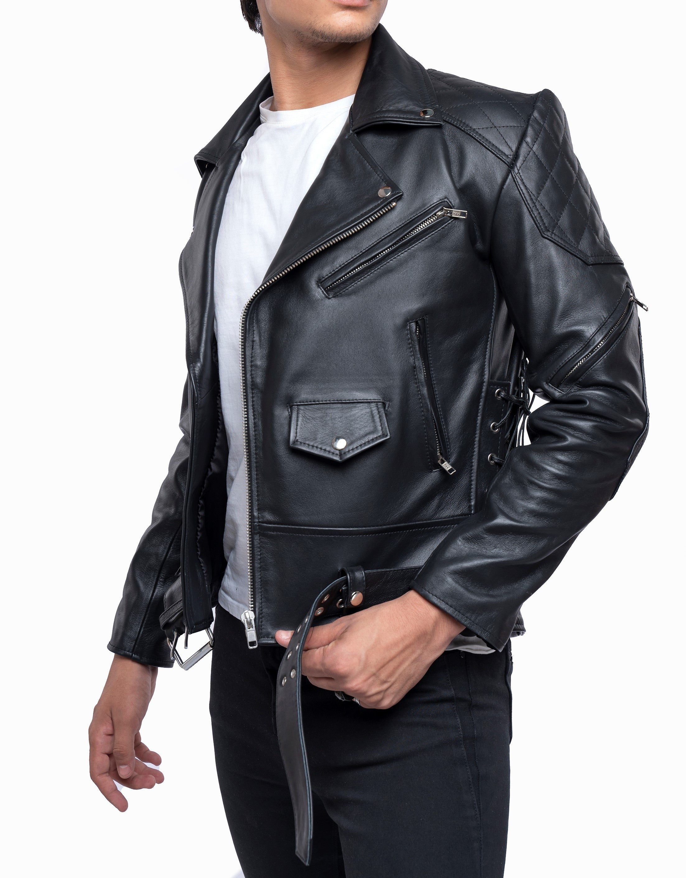 Men's Brando Biker Jacket in Real Cowhide with Quilted Panels & Side Laces