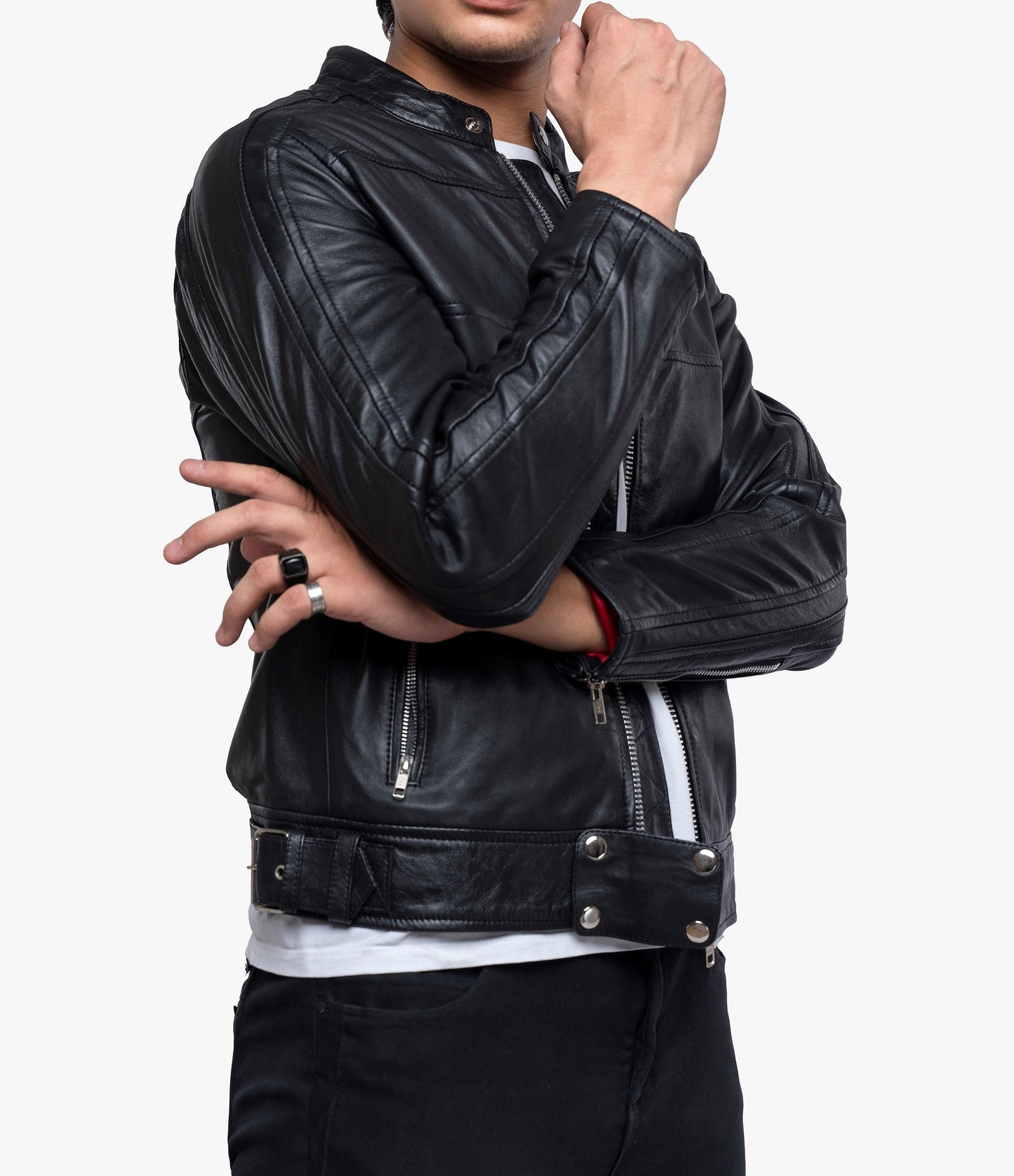 Men's Lamb Leather Café Racer Jacket with Side Buckles & Zipped Cuffs