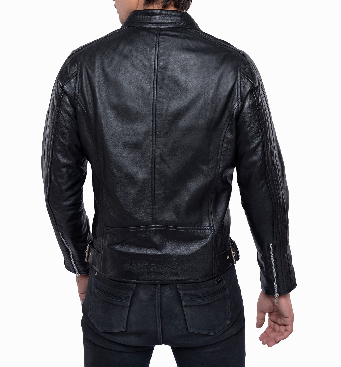 Men's Lamb Leather Café Racer Jacket with Side Buckles & Zipped Cuffs