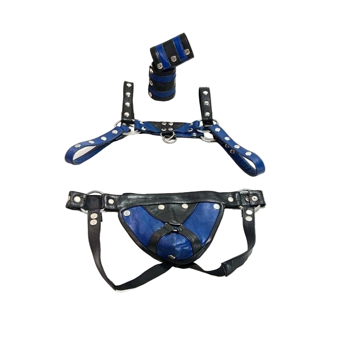 Men’s Leather Harness Jockstrap Wristbands Set – Adjustable Fit