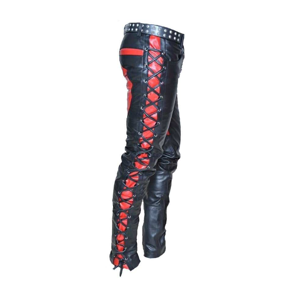 Men’s Lace-Up Leather Biker Pants – Saddle Seat, Red Contrast Design