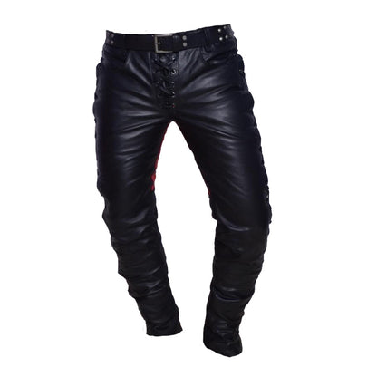 Men’s Lace-Up Leather Biker Pants – Saddle Seat, Red Contrast Design