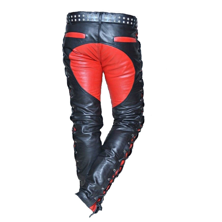 Men’s Lace-Up Leather Biker Pants – Saddle Seat, Red Contrast Design
