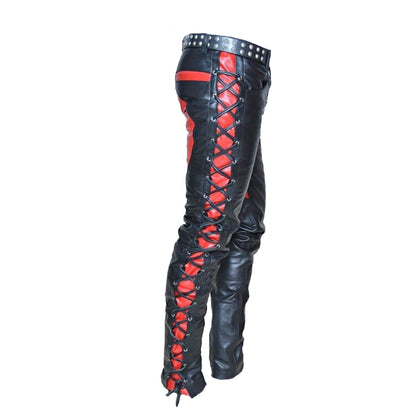Men’s Lace-Up Leather Biker Pants – Saddle Seat, Red Contrast Design