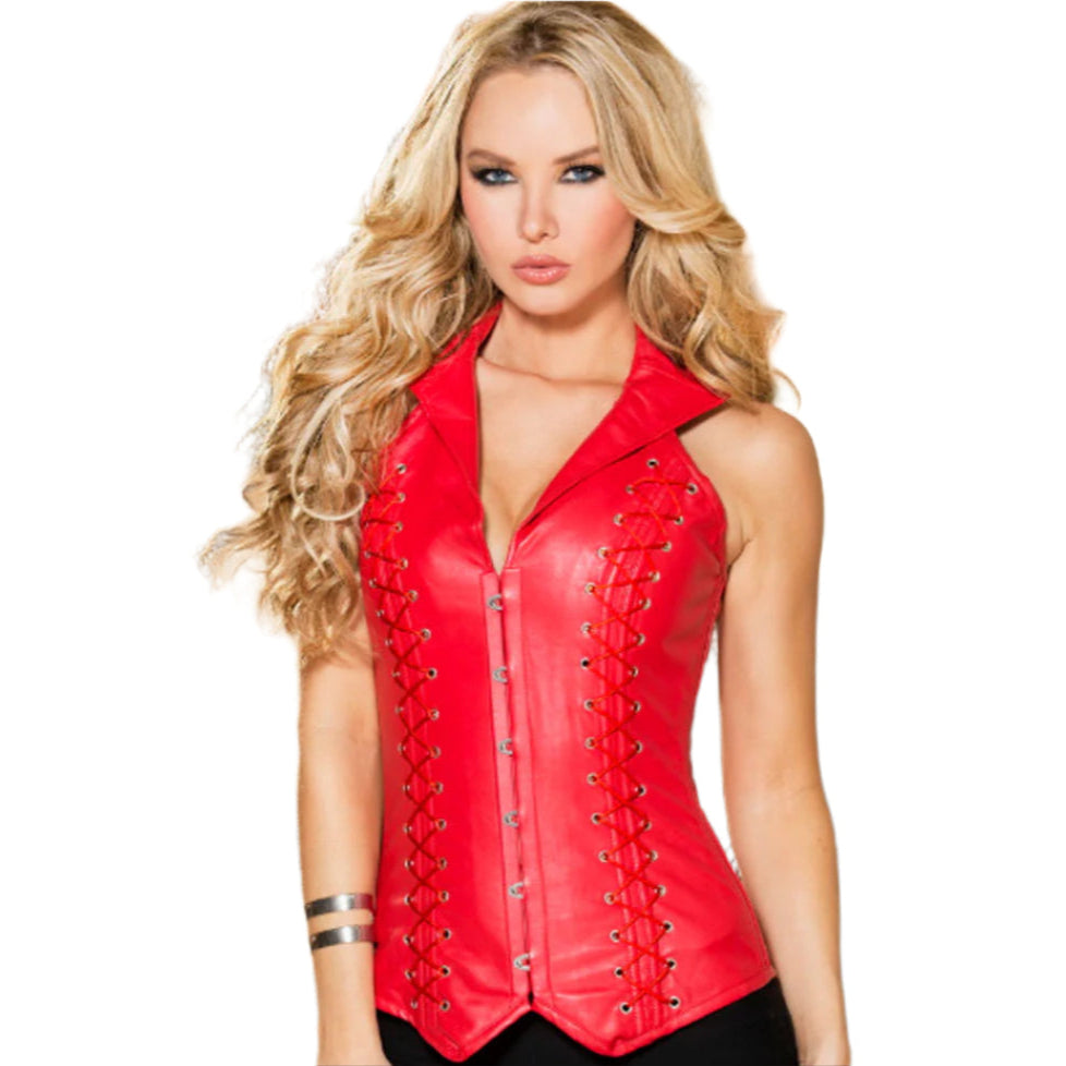Women's Red Lambskin Leather Corset – Front & Back Lace-Up