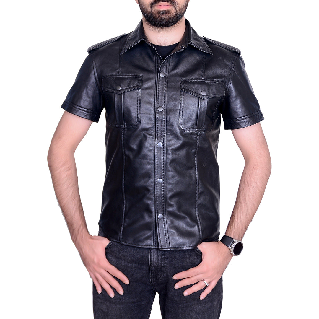 Men's Lamb Leather Police Shirt – Short Sleeves, Black Fetish Style