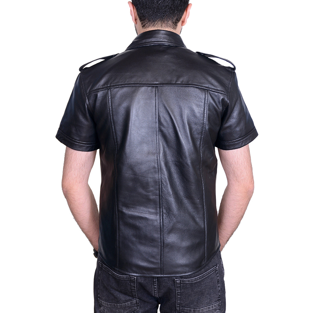 Men's Lamb Leather Police Shirt – Short Sleeves, Black Fetish Style