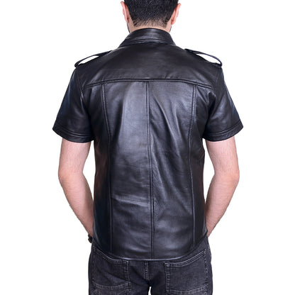 Men's Lamb Leather Police Shirt – Short Sleeves, Black Fetish Style