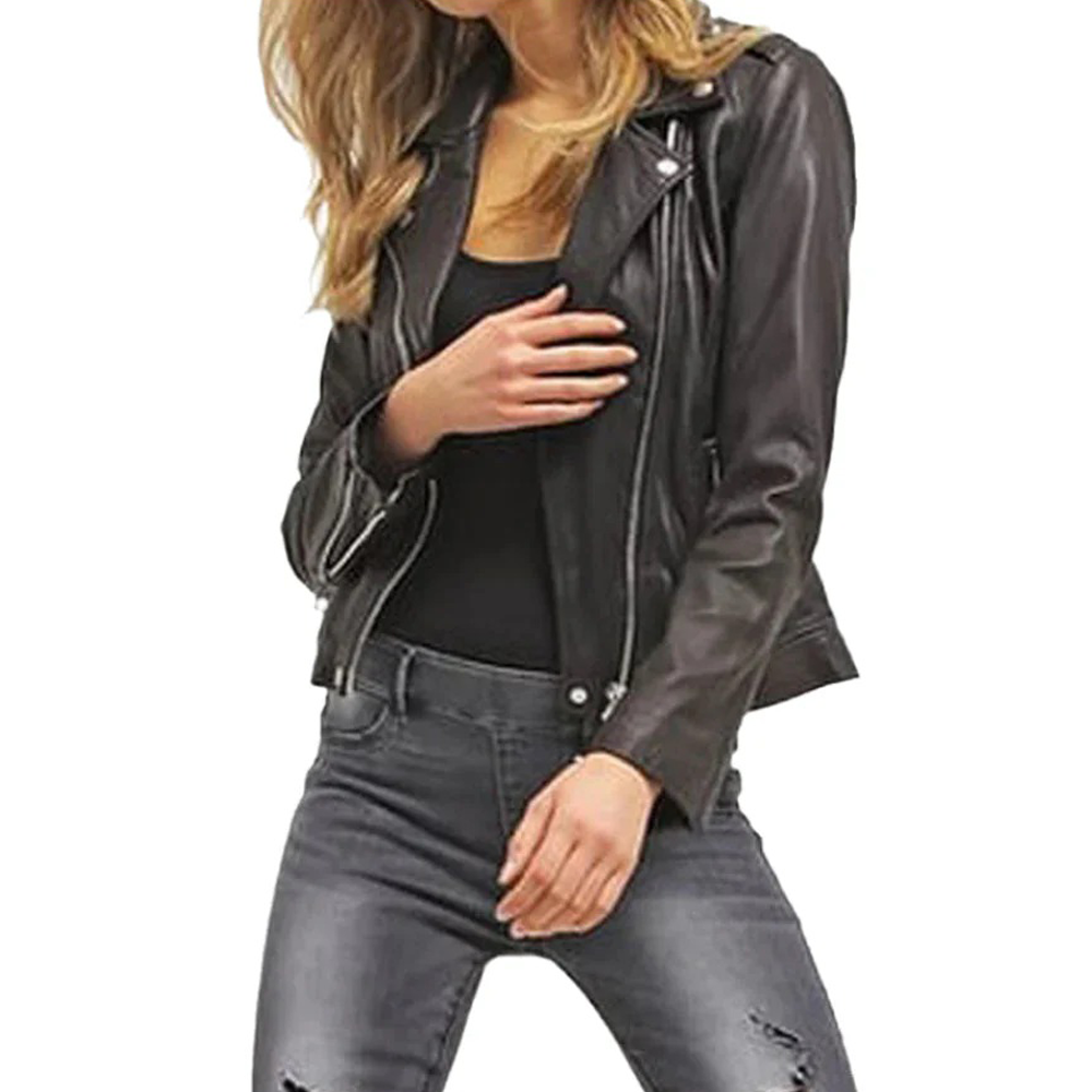 Women's Black Lambskin Leather Biker Jacket with Studded Lapels
