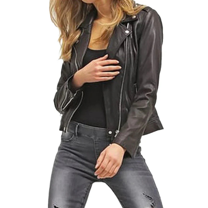Women's Black Lambskin Leather Biker Jacket with Studded Lapels