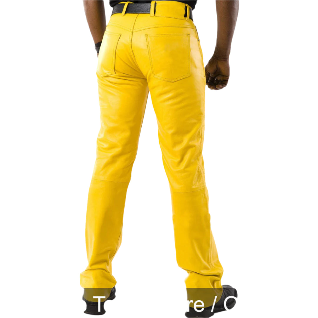 Men’s Yellow Leather Biker Pants – 5-Pocket Cowhide Jeans with Zip Fly
