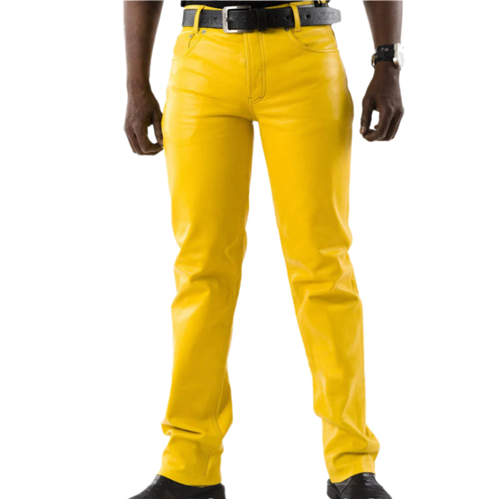 Men’s Yellow Leather Biker Pants – 5-Pocket Cowhide Jeans with Zip Fly