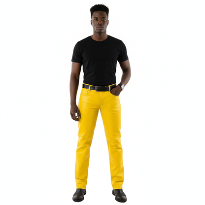 Men’s Yellow Leather Biker Pants – 5-Pocket Cowhide Jeans with Zip Fly