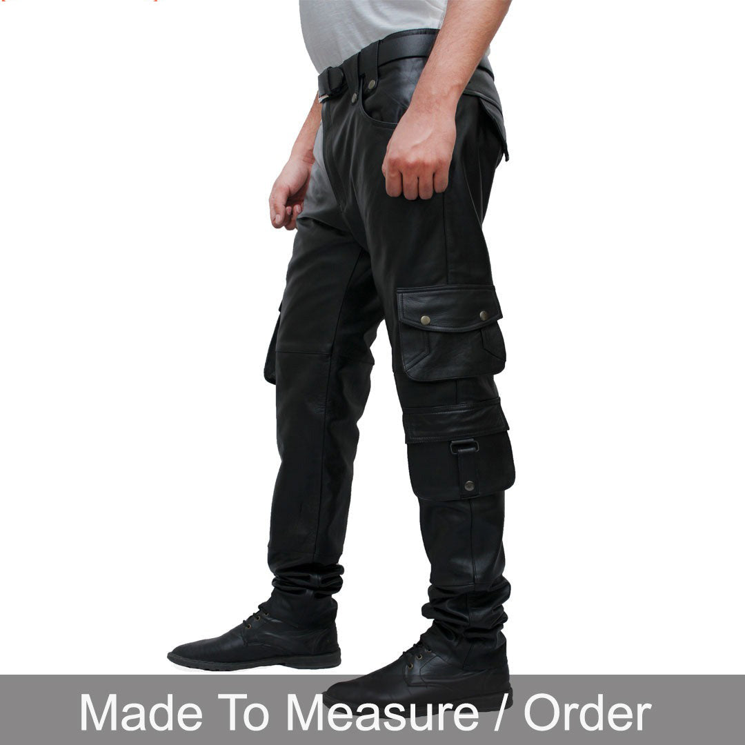 Men’s Cowhide Leather Cargo Pants – 8-Pocket Biker Trousers