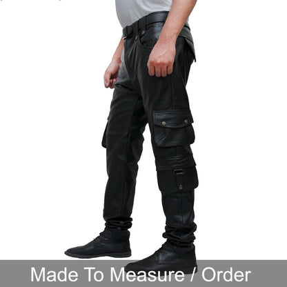 Men’s Cowhide Leather Cargo Pants – 8-Pocket Biker Trousers