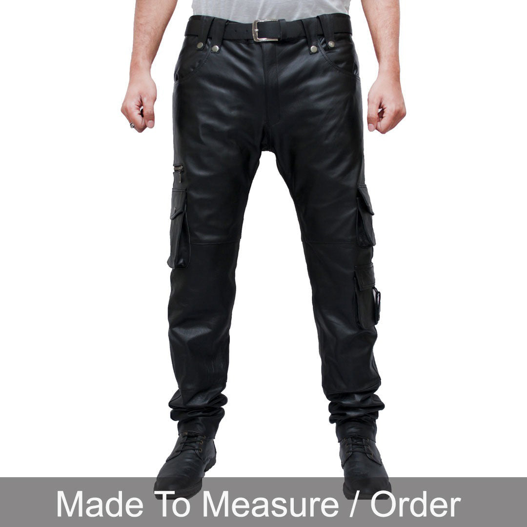 Men’s Cowhide Leather Cargo Pants – 8-Pocket Biker Trousers