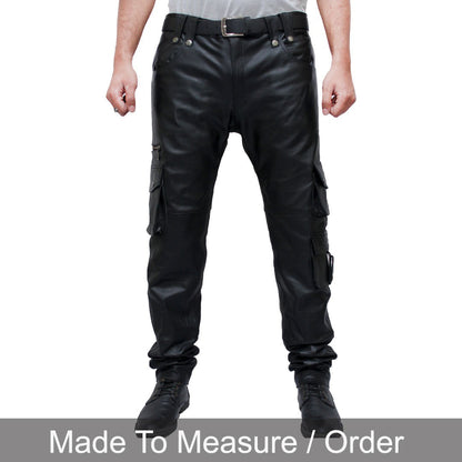 Men’s Cowhide Leather Cargo Pants – 8-Pocket Biker Trousers