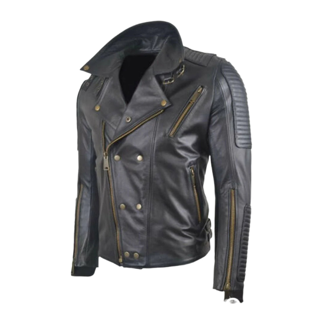 Men’s Quilted Cowhide Leather Biker Jacket with Heavy Zippers