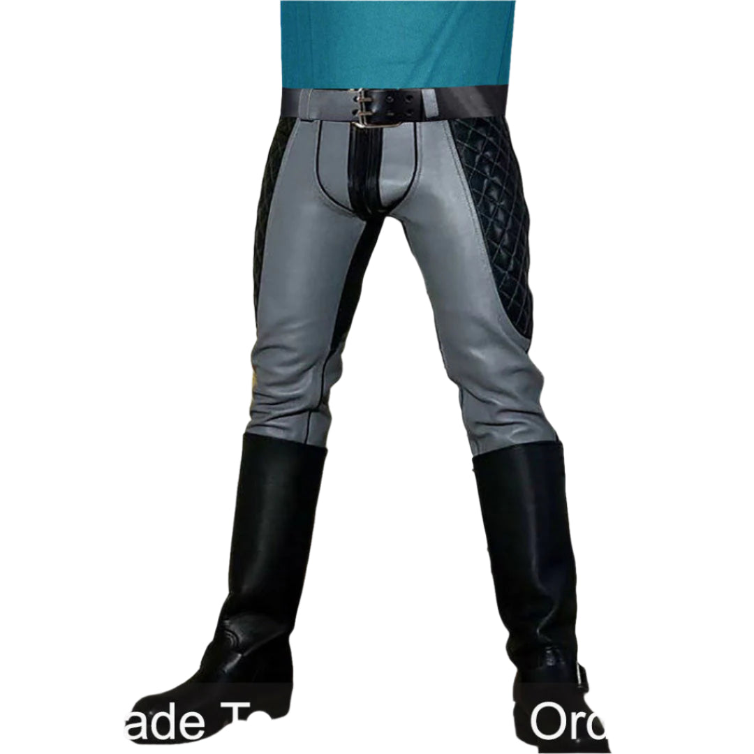 Men’s Grey Cowhide Leather Biker Pants with Quilted Panels – BLUF Style