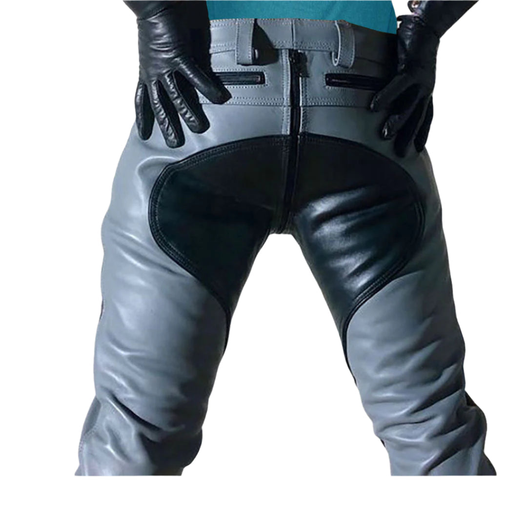 Men’s Grey Cowhide Leather Biker Pants with Quilted Panels – BLUF Style