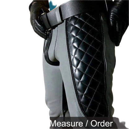 Men’s Grey Cowhide Leather Biker Pants with Quilted Panels – BLUF Style