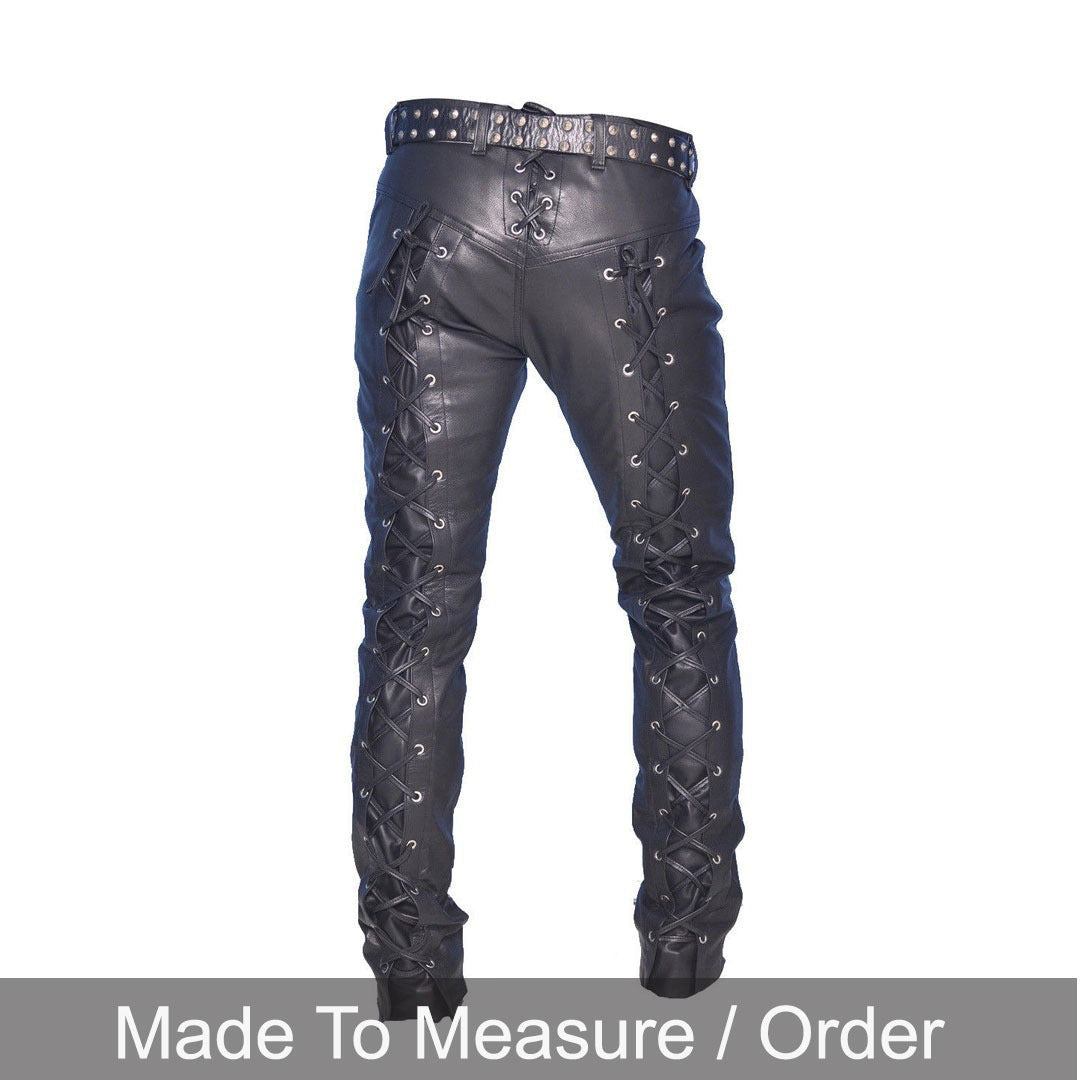 Men’s Lace-Up Cowhide Leather Biker Pants with Front & Back Lacing