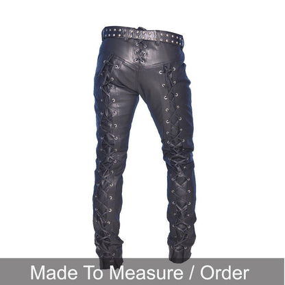 Men’s Lace-Up Cowhide Leather Biker Pants with Front & Back Lacing