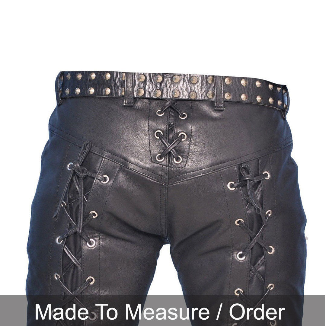 Men’s Lace-Up Cowhide Leather Biker Pants with Front & Back Lacing