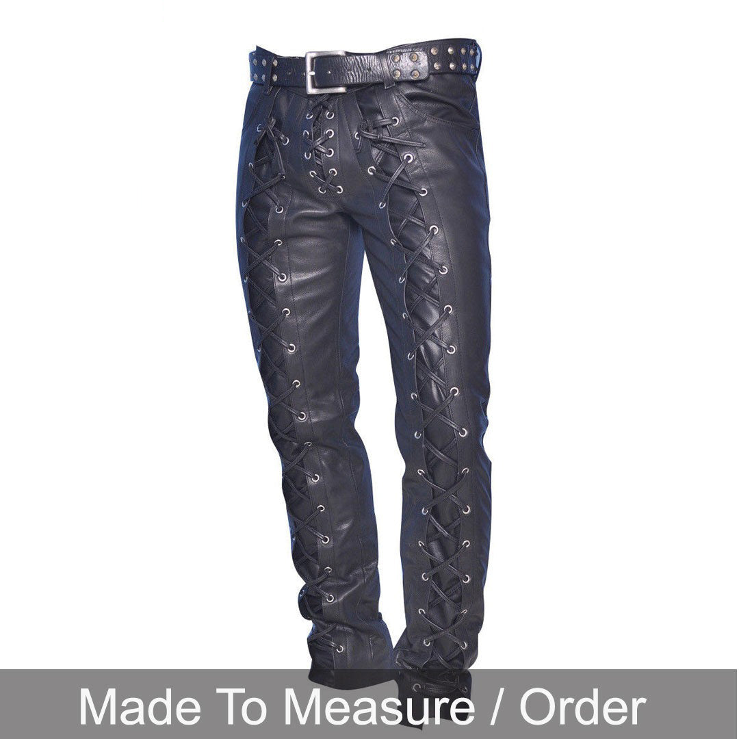 Men’s Lace-Up Cowhide Leather Biker Pants with Front & Back Lacing