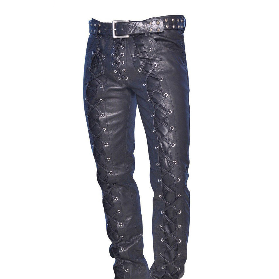 Men’s Lace-Up Cowhide Leather Biker Pants with Front & Back Lacing