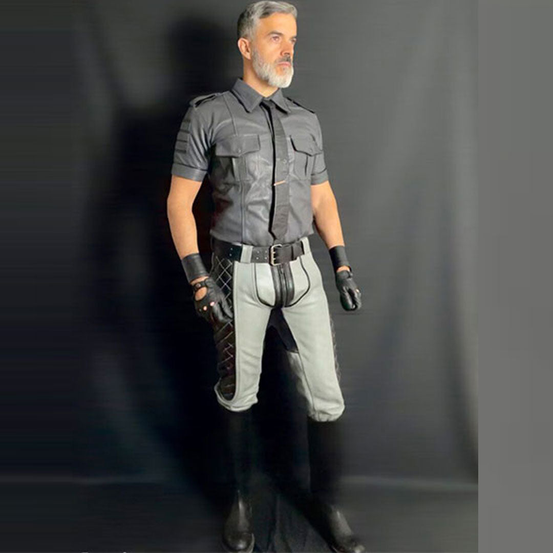 Men’s Grey Cowhide Leather Biker Pants with Quilted Panels – BLUF Style