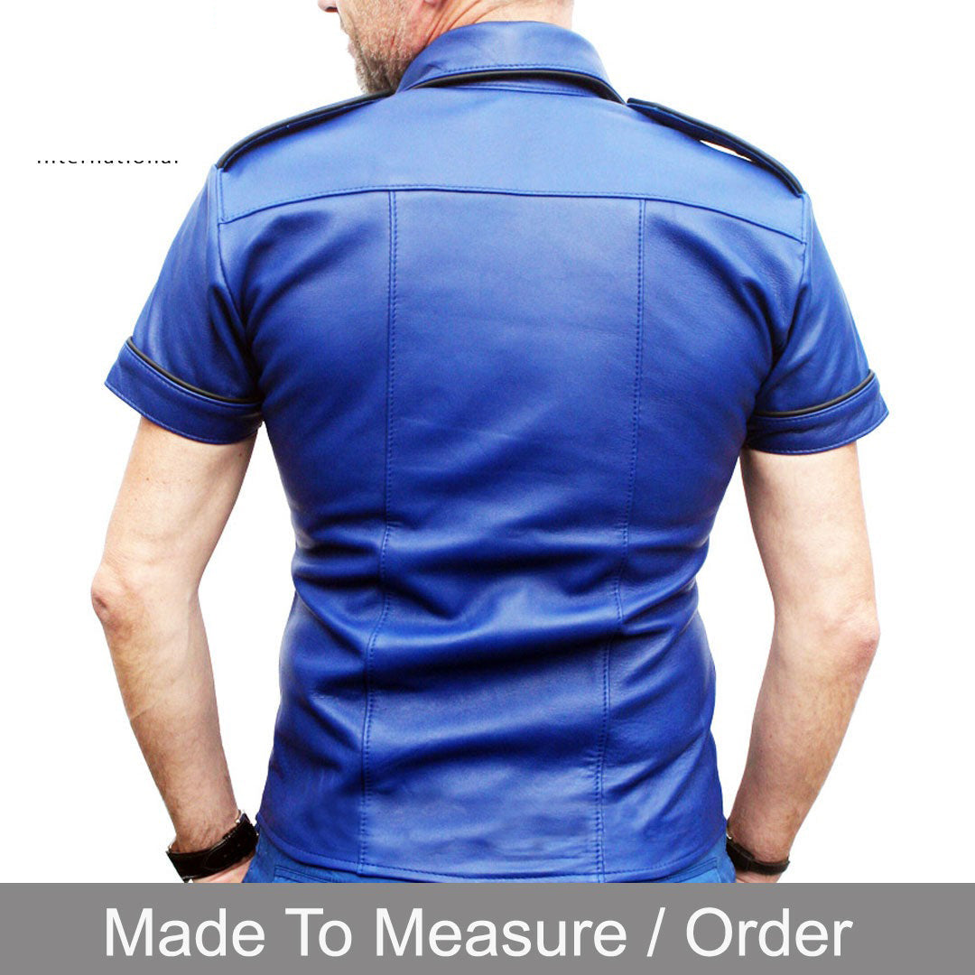 Men’s Blue Lamb Leather Shirt – Short Sleeves with Black Piping