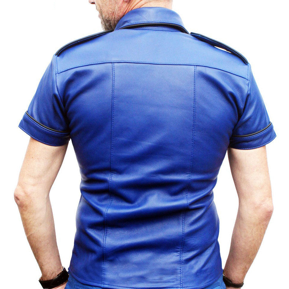 Men’s Blue Lamb Leather Shirt – Short Sleeves with Black Piping