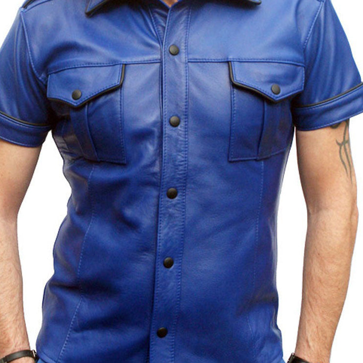 Men’s Blue Lamb Leather Shirt – Short Sleeves with Black Piping