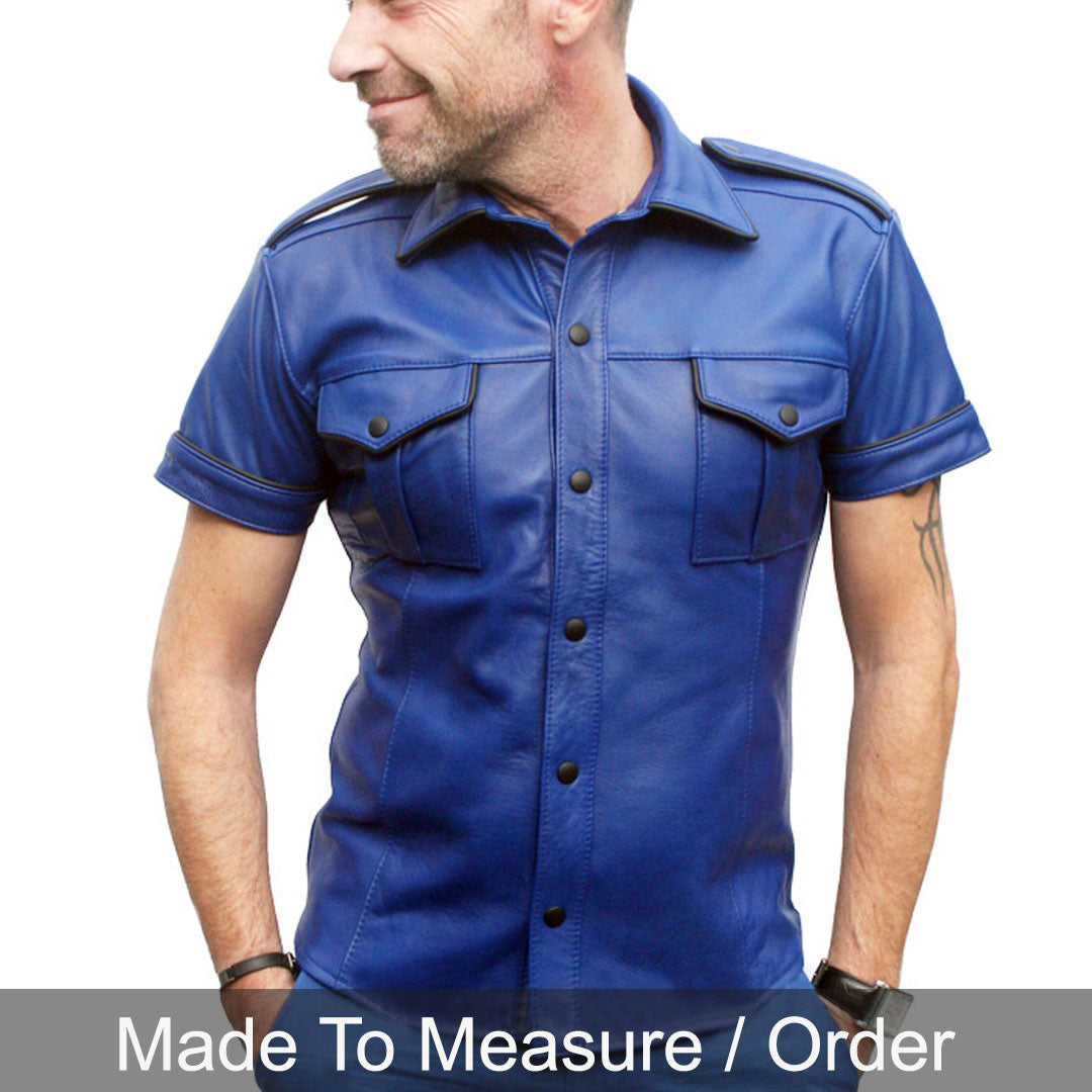 Men’s Blue Lamb Leather Shirt – Short Sleeves with Black Piping