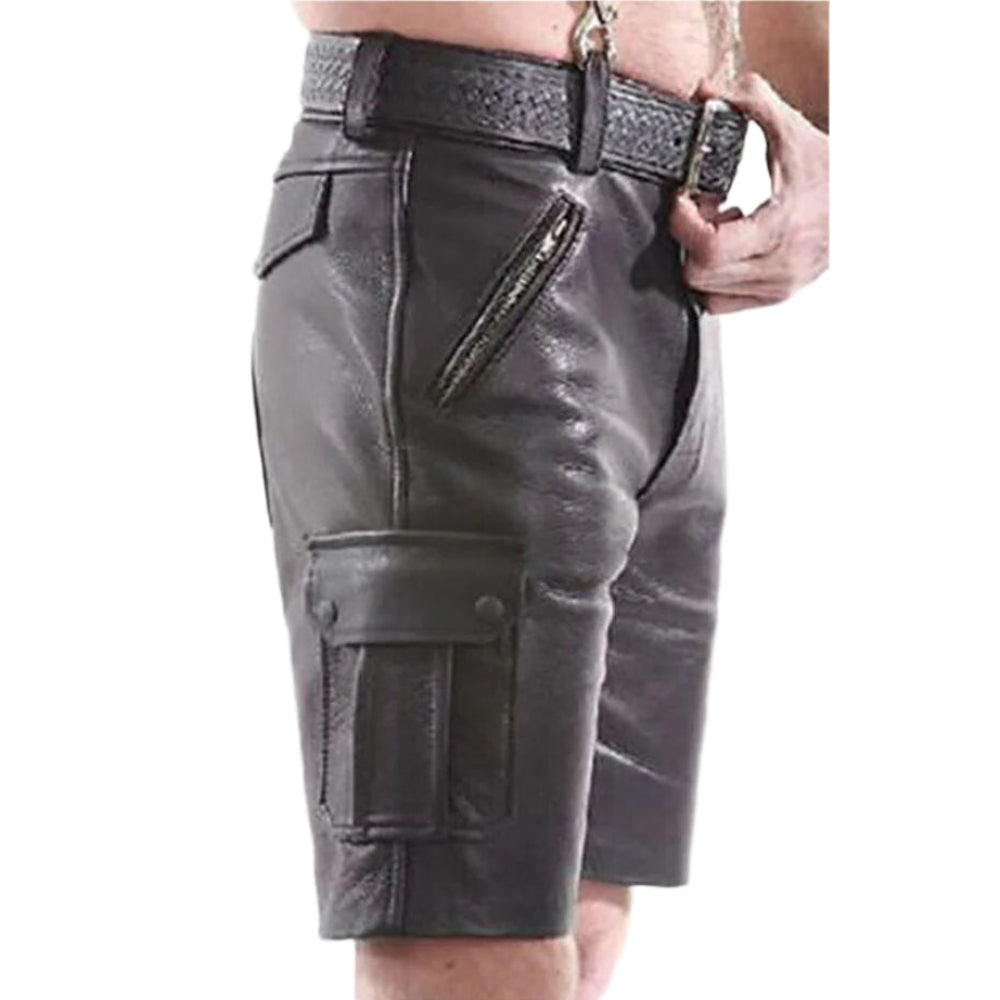 Men’s Cowhide Leather Cargo Shorts with Multi-Pockets