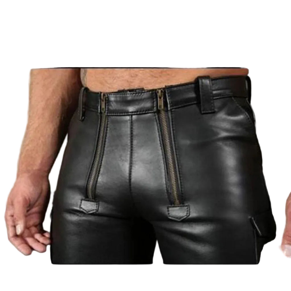 Men’s Real Cowhide Leather Carpenter Shorts with Cargo Pockets