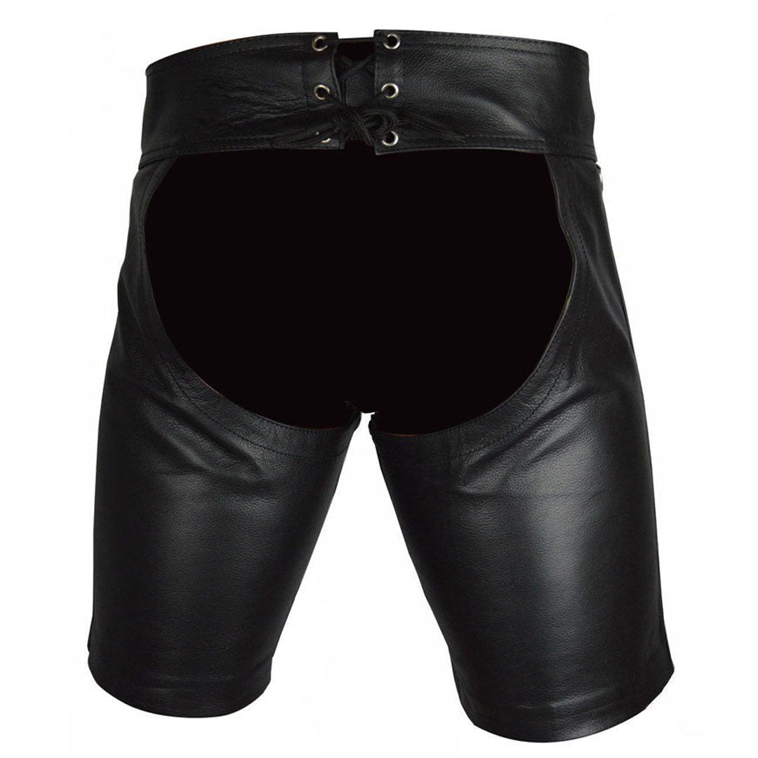 Men’s Cowhide Leather Lace-Up Chaps Shorts for Clubwear