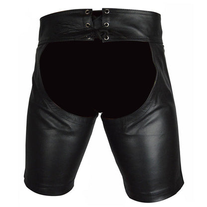 Men’s Cowhide Leather Lace-Up Chaps Shorts for Clubwear