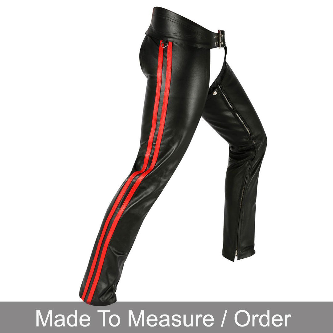 Men’s Genuine Nappa Leather Biker Chaps with Removable Codpiece & Stripe Design