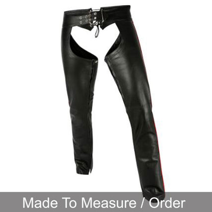 Men’s Genuine Nappa Leather Biker Chaps with Removable Codpiece & Stripe Design