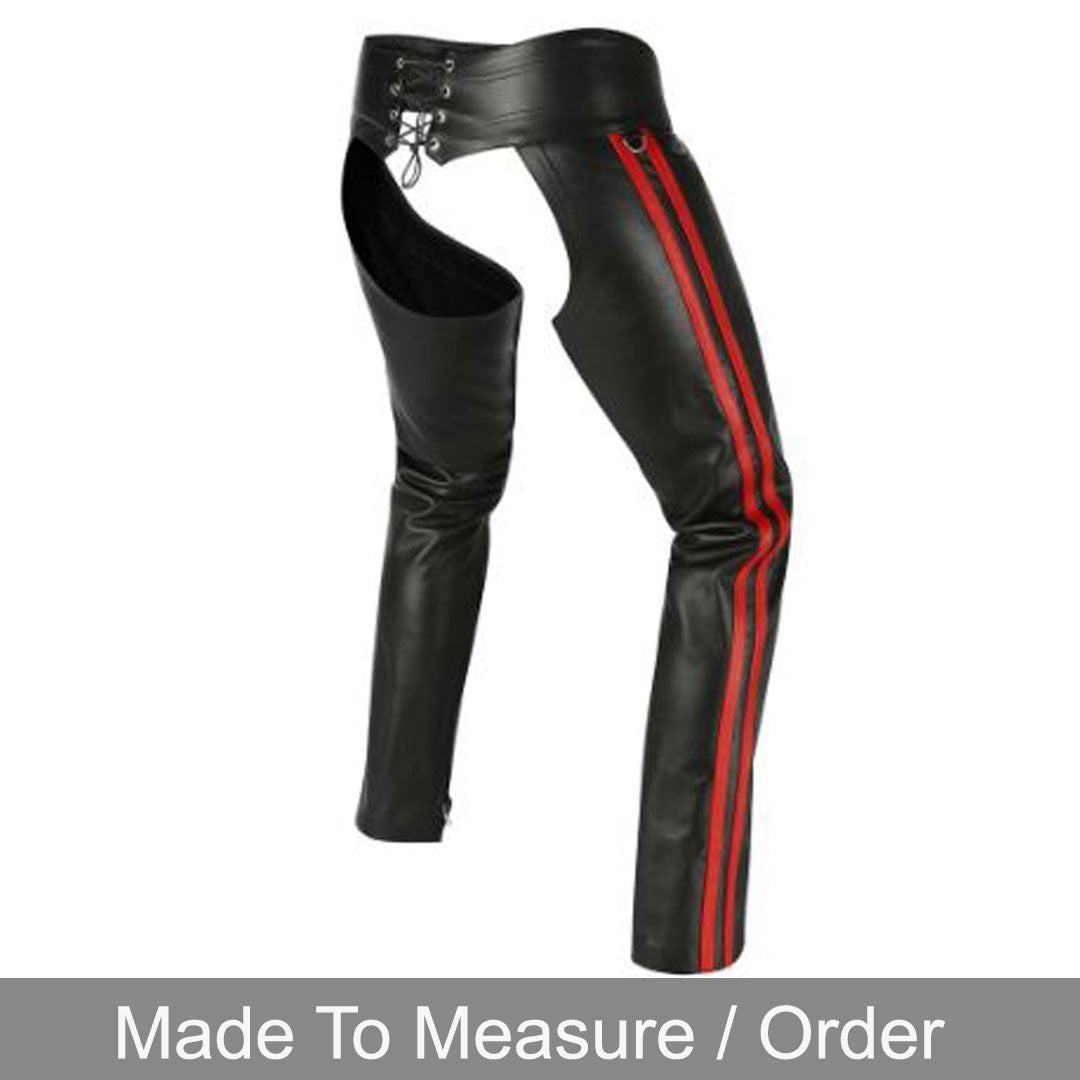 Men’s Genuine Nappa Leather Biker Chaps with Removable Codpiece & Stripe Design