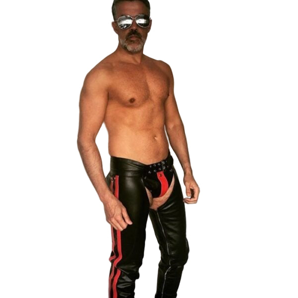 Men’s Genuine Nappa Leather Biker Chaps with Removable Codpiece & Stripe Design