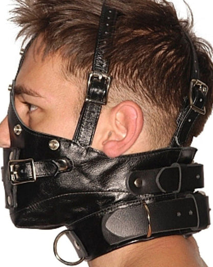 Genuine Leather Muzzle Hood with Blindfold & Gag – Adjustable Bondage Mask